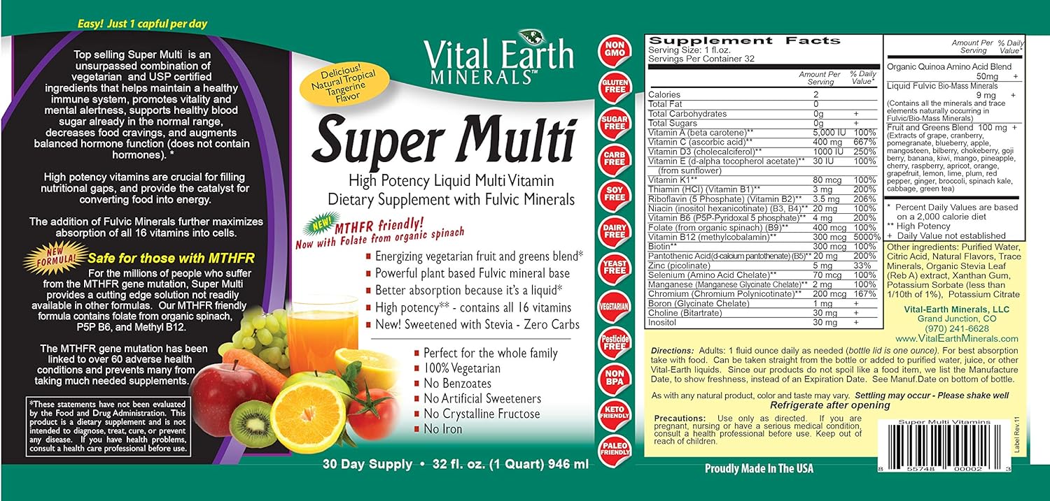 Vital Earth Minerals Super Multi Liquid Vitamins 32 Fl. Oz. - 1 Month Supply- High Potency - MTHFR Friendly- Vegetarian - Liquid Multi Vitamin Supplement with Ionic Fulvic Minerals: Health & Personal Care