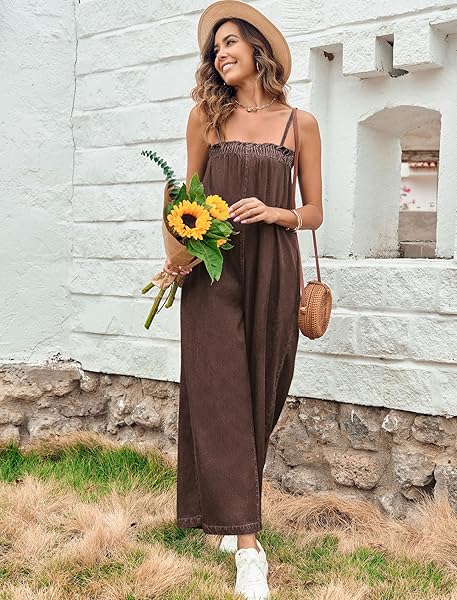 ONEDREAMER WOMENS ONE PIECE JUMPSUITS CASUAL SLEEVELESS WIDE LEG DENIM ROMPER LOOSE SPAGHETTI STRAP JUMPSUIT WITH POCKETS, SMALL, BROWN