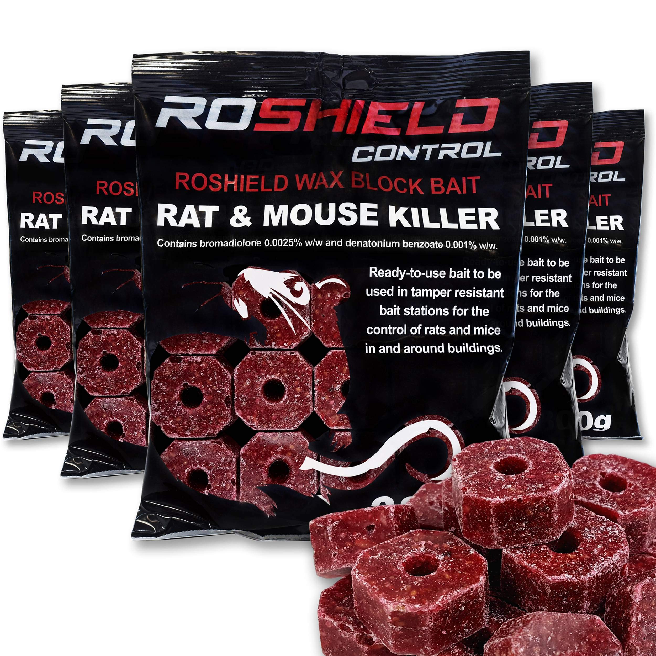 ROSHIELD 1.5kg Wax Block Bait for Rat & Mouse Killer Poison Control - Indoor, Outdoor All-Weather Rodent Bait Station Refill Packs (300g x 5 Packs)