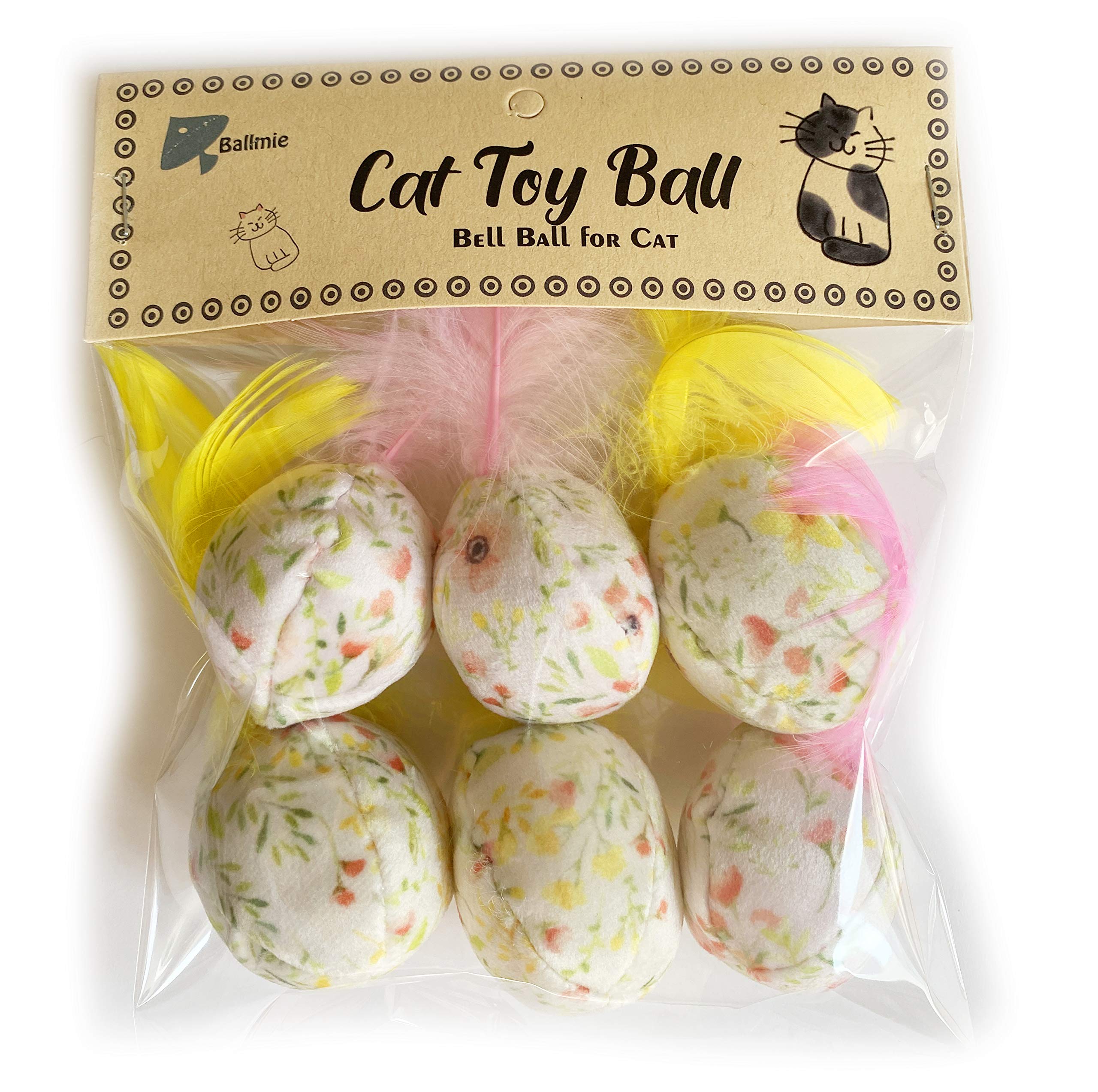 BALLMIE Cat Toy Ball for kitten feather bell ball in floral fleece (Yellow)