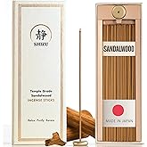 Shizu Sandalwood Incense Sticks – Artisanal Temple Grade Japanese Incense with Brass Holder – Calming Scent for Relaxation, Meditation & Home Spa, Elegant Gift Set (60 Sticks)