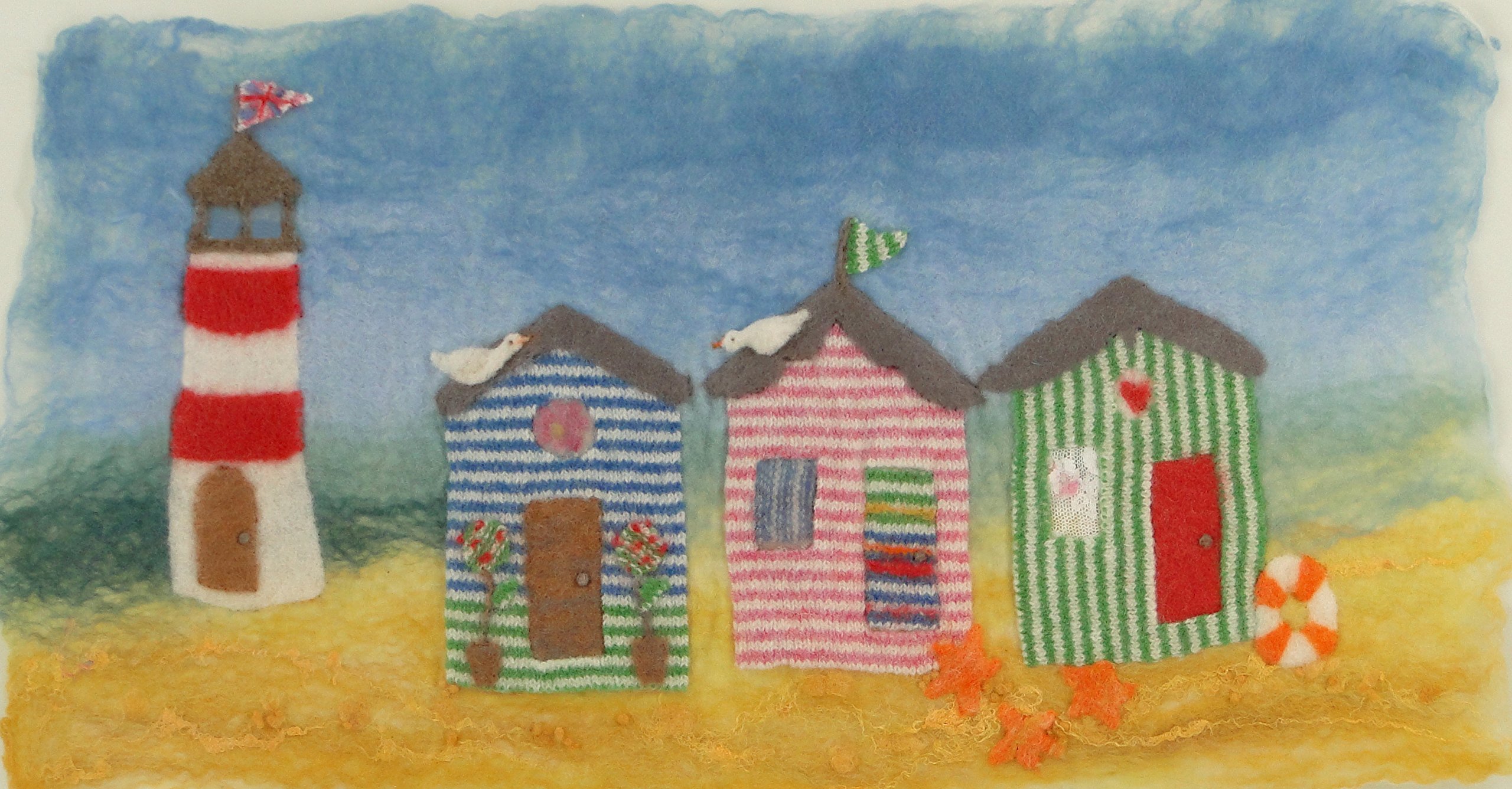 Artfelt Beach hut Picture Felt kit- a Carefully Designed Felting kit to Make a Colourful Seaside Scene with Beach Huts and a Lighthouse.