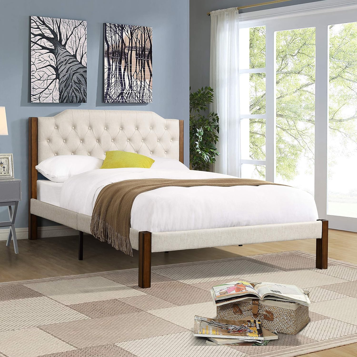 YALISI Emma Upholstered Platform Bed/Technical Fabric Bed/Metal Frame/Wood Slat Support/No Box Spring Needed/Easy Assembly(Queen, Beige)