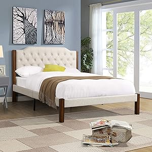 YALISI Emma Upholstered Platform Bed/Technical Fabric Bed/Metal Frame/Wood Slat Support/No Box Spring Needed/Easy Assembly(Queen, Beige)