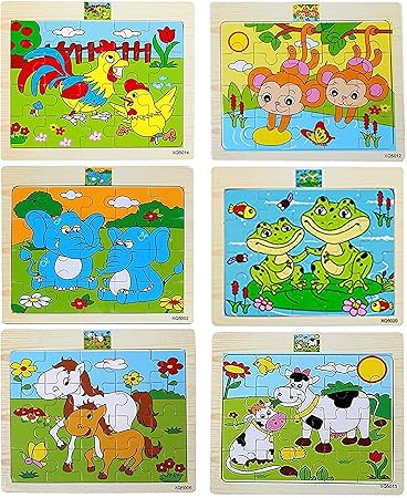 Simple Days Cartoon Animals Wooden Jigsaw Puzzles for Kids - 20 Pcs Different Patterns in A Frame Board (Set of 6 Puzzles)
