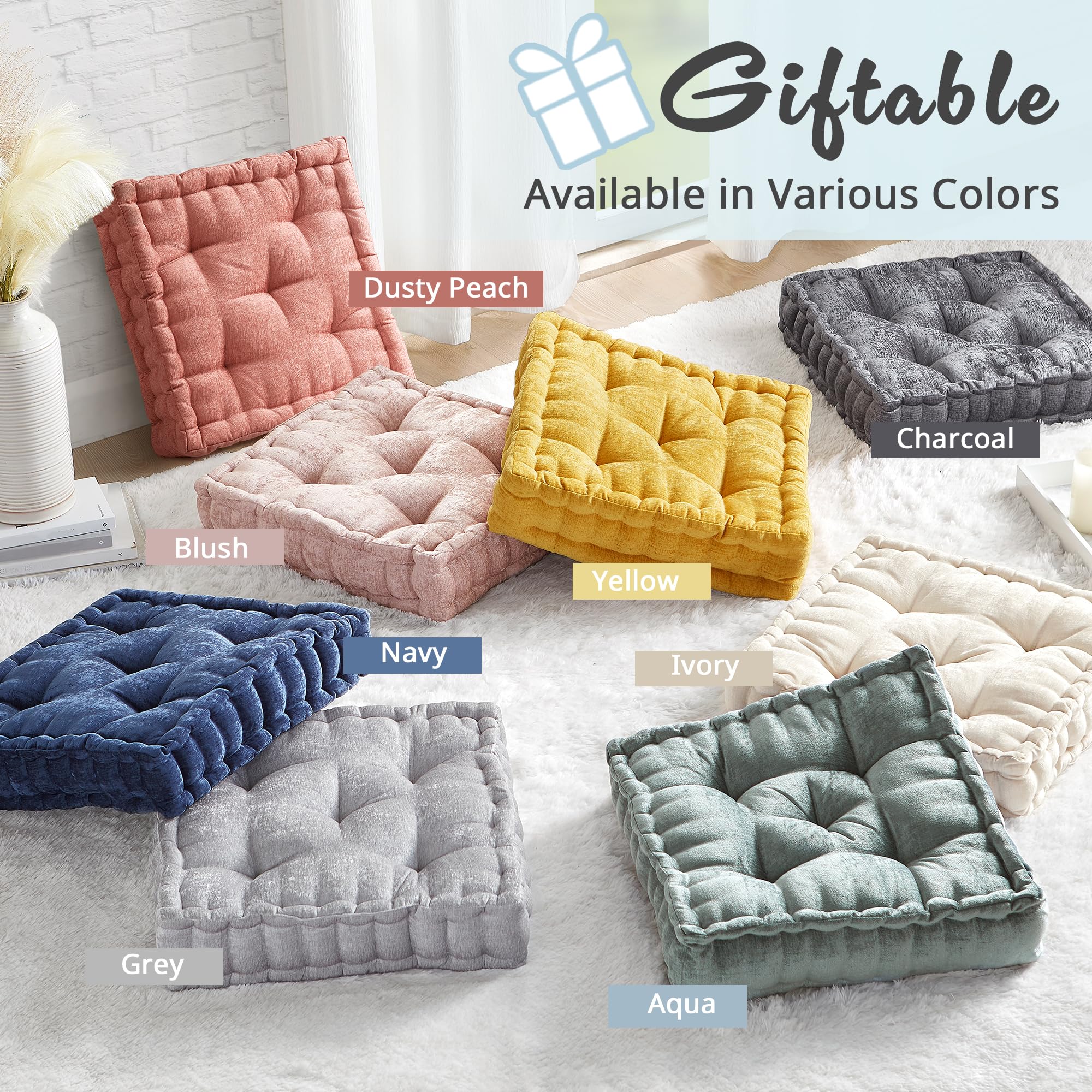 Intelligent Design Azza Floor Pillow, Large Cushions Sitting for Adults, Floor Pillow for Meditation or Yoga, Lustrous Chenille Tufted with Scalloped Edges for Bench/Chair Cushion, 20"x20"x5" Ivory - Image 8