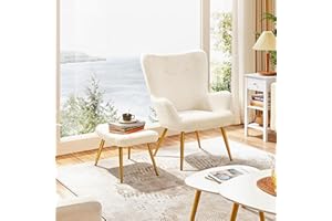 Yaheetech Boucle Accent Chair and Ottoman Set, Sherpa Armchair with Golden Metal Legs, High Back Reading Chair and Footstool for Living Room, Bedroom, Lounge, Ivory