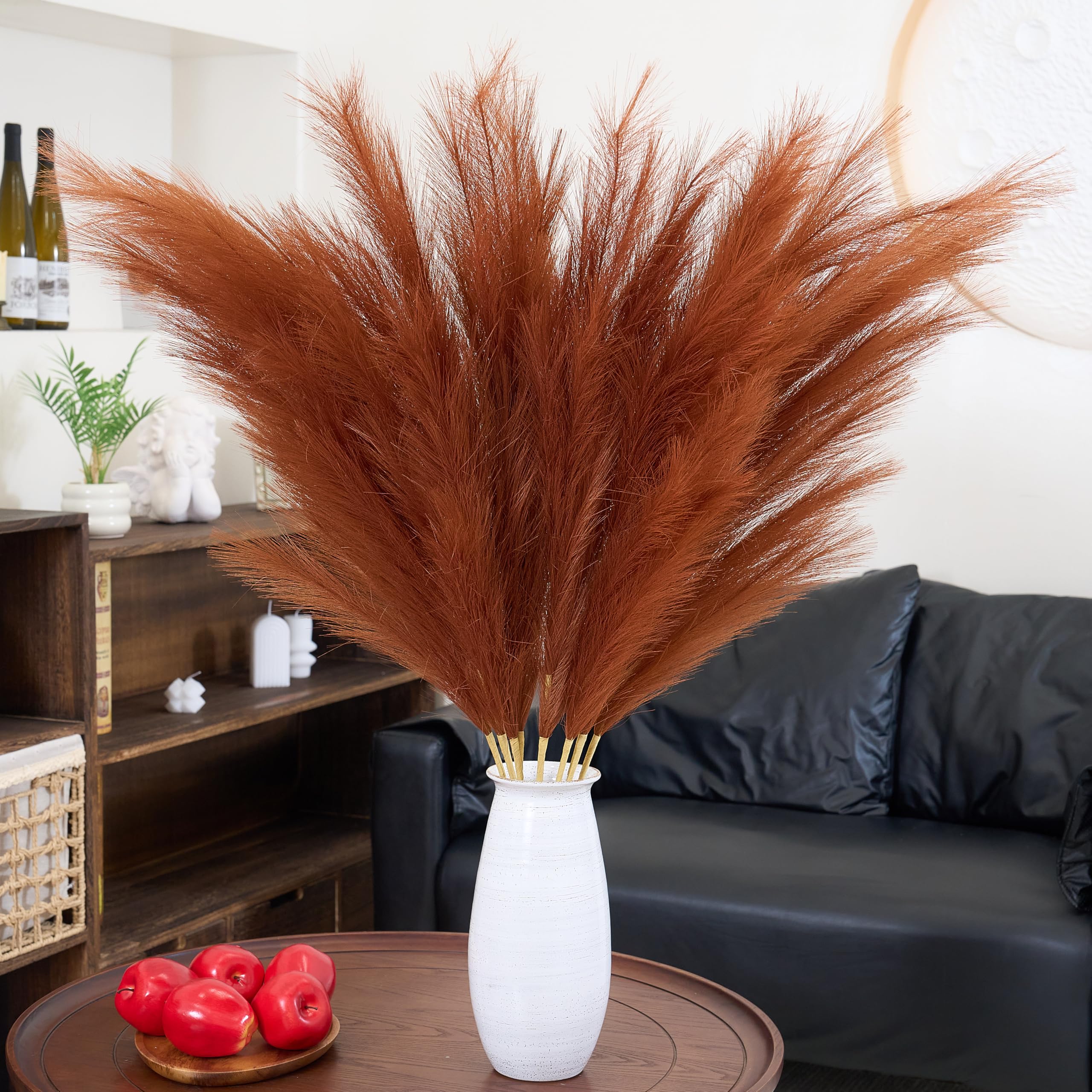 Premium Faux Pampas Grass Decor Tall,8pcs 43.3" Large Artificial Pampas Floral Fluffy,Long Feather Flowers for Boho Wedding Arangement Bedroom Living Room Decorations (burnt orange, 8pcs 43.3"/110cm)