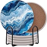 Blue Agate Marble Round Coasters Set of 6 - Abosrbent Ceramic Coasters with Metal Stand for Drinks, Coffee, Non-Slip Cork Back for Tabletop Protection, 4 Inches Marbled Pattern (Marble)