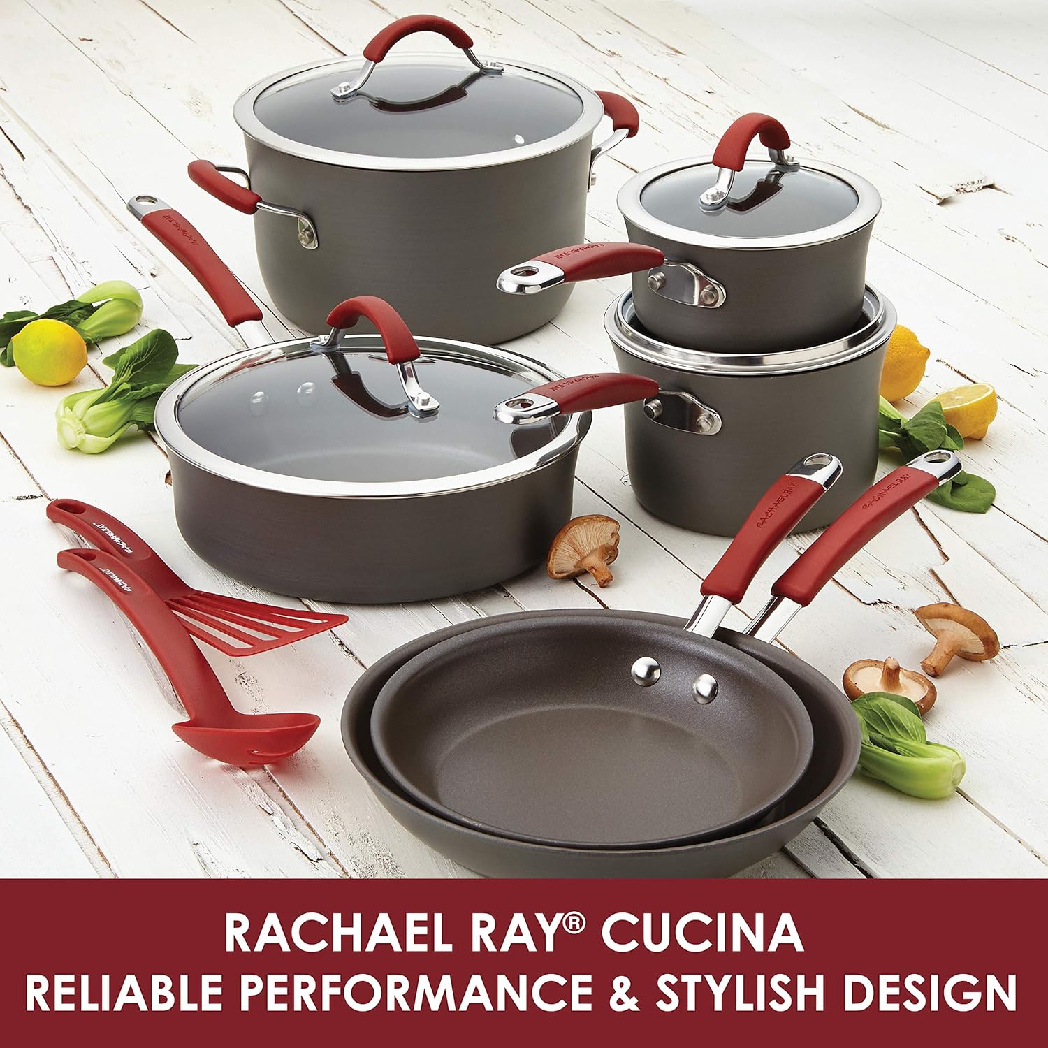 Rachael Ray Cucina Hard Anodized Nonstick Cookware Pots and Pans Set, 12 Piece, Gray with Red Handles: Kitchen & Dining
