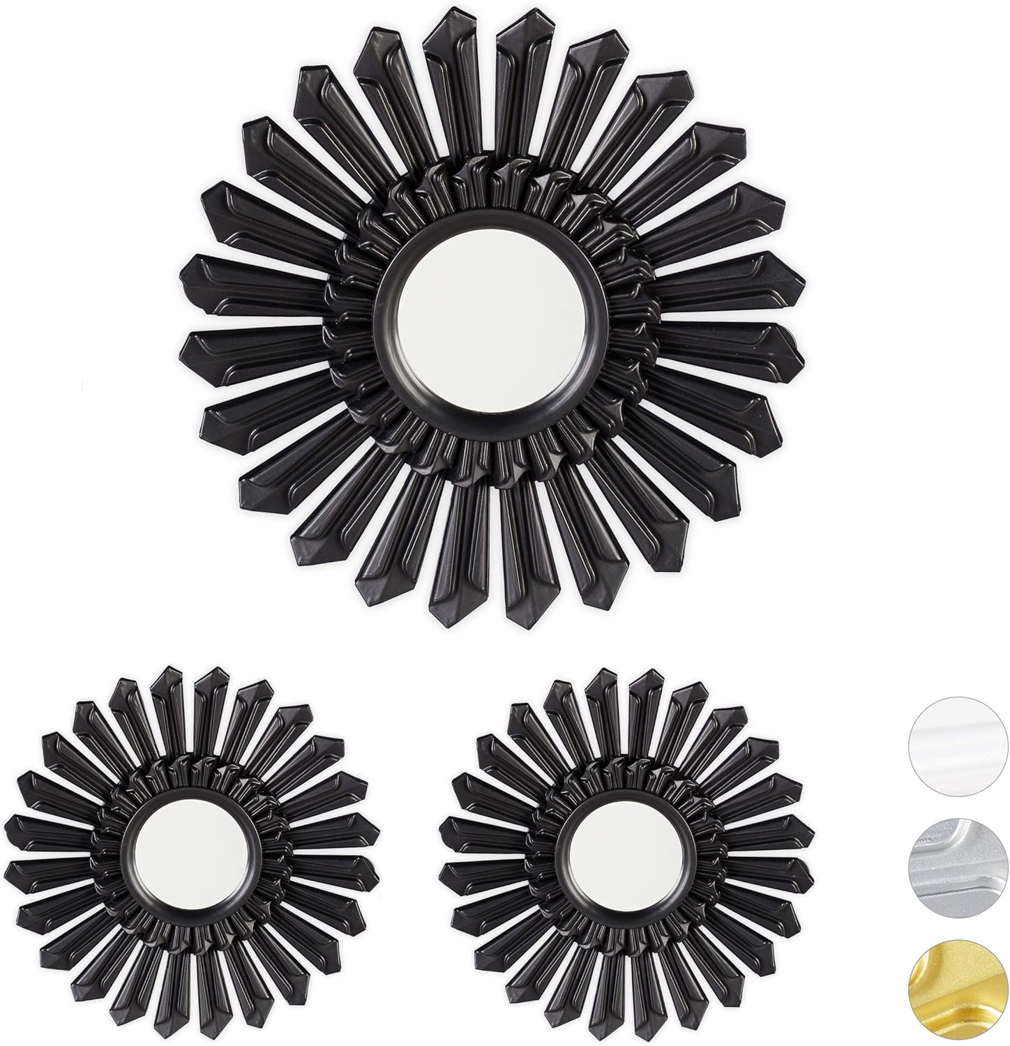 Relaxdays Sunburst Decor, Set of 3, Round Hanging Mirror, Plastic Frame