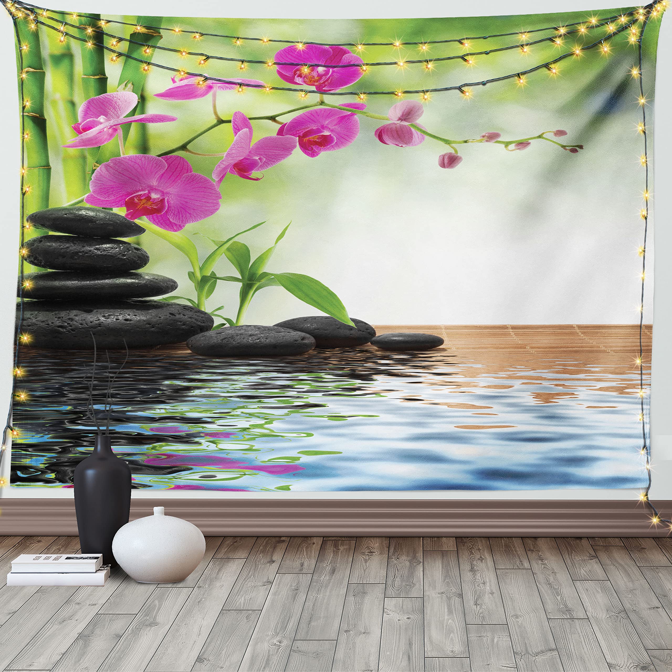 ABAKUHAUS Spa Tapestry, Composition Bamboo Tree Floor Mat Orchid Stones Wellness Greenery, Fabric Wall Hanging Decor for Bedroom Living Room Dorm, 90 W X 54 L, Fuchsia Charcoal Grey Lime Green