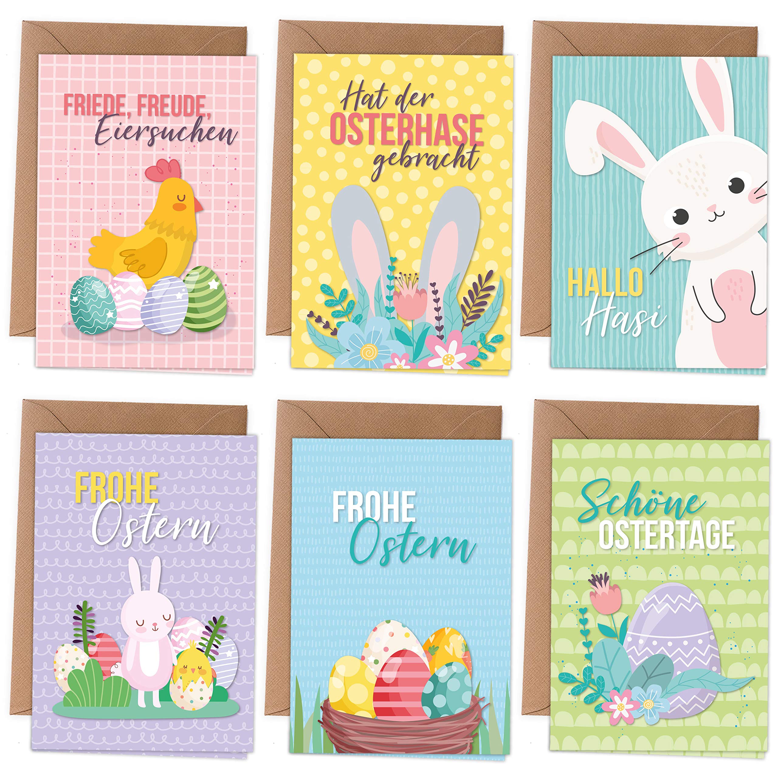Papierdrachen Easter cards, 6 spring-like greeting cards as a folding card including envelope for Easter time, greetings to the family, stylish design for Easter, motif, colourful, set 1.
