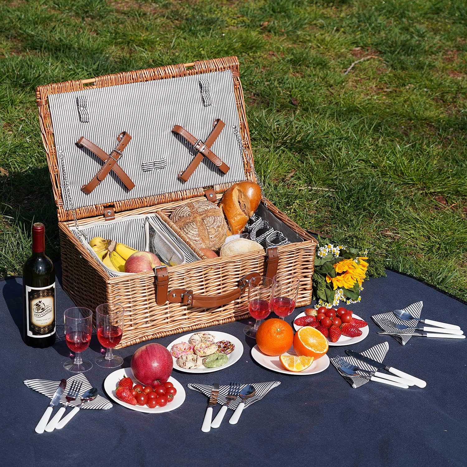 ZORMY 4 Person Picnic Basket, Large Willow Hamper Set with Insulated Compartment, Handmade Large Wicker Picnic Basket Set with Utensils Cutlery - Perfect for Picnicking, Camping : Garden & Outdoor