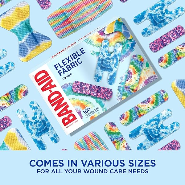 BAND-AID BRAND FLEXIBLE FABRIC ADHESIVE BANDAGES, COMFORTABLE STERILE PROTECTION & WOUND CARE FOR MINOR CUTS, SCRAPES & BURNS, FIRST AID KIT ESSENTIAL, FUN TIE-DYE DESIGNS, ASSORTED SIZES, 100 COUNT