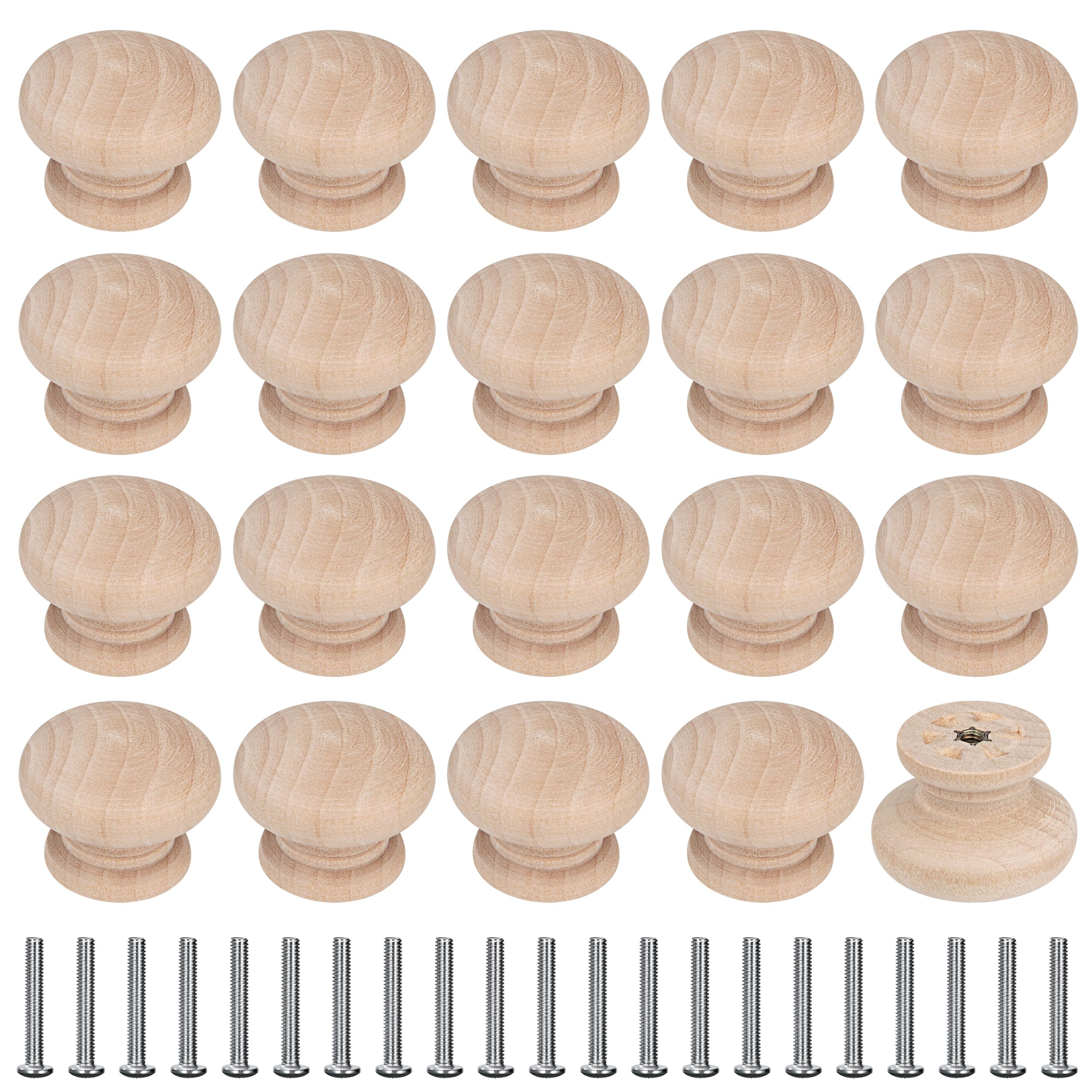 MengH-SHOP Cabinet Knob Wooden Knobs 35mm Round Door Knobs Unpainted Mushroom Shape Pull Handle with Screws for Cabinet Wardrobe Drawer Cupboard 20 Pieces