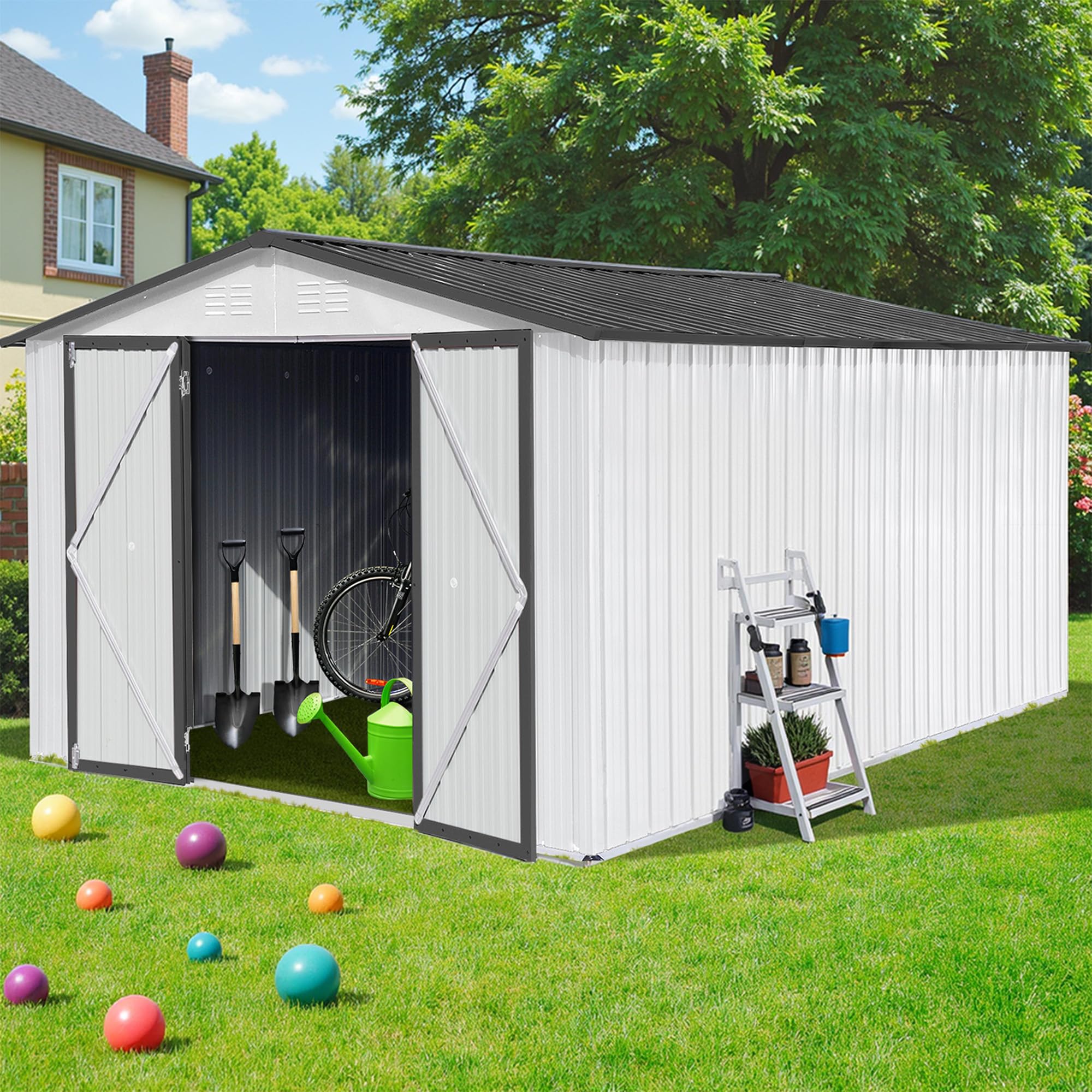 Photo 1 of ***BOX 1 OF 3 ONLY/INCOMPLETE SET***Lyngins Sheds & Outdoor Storage 12 ft × 10 ft Storage Shed Large Classic Apex Roof Metal Garden Storage Sheds with Hinged Door Tool Cabinet for Backyard, Patio, Poolside, White + Gray