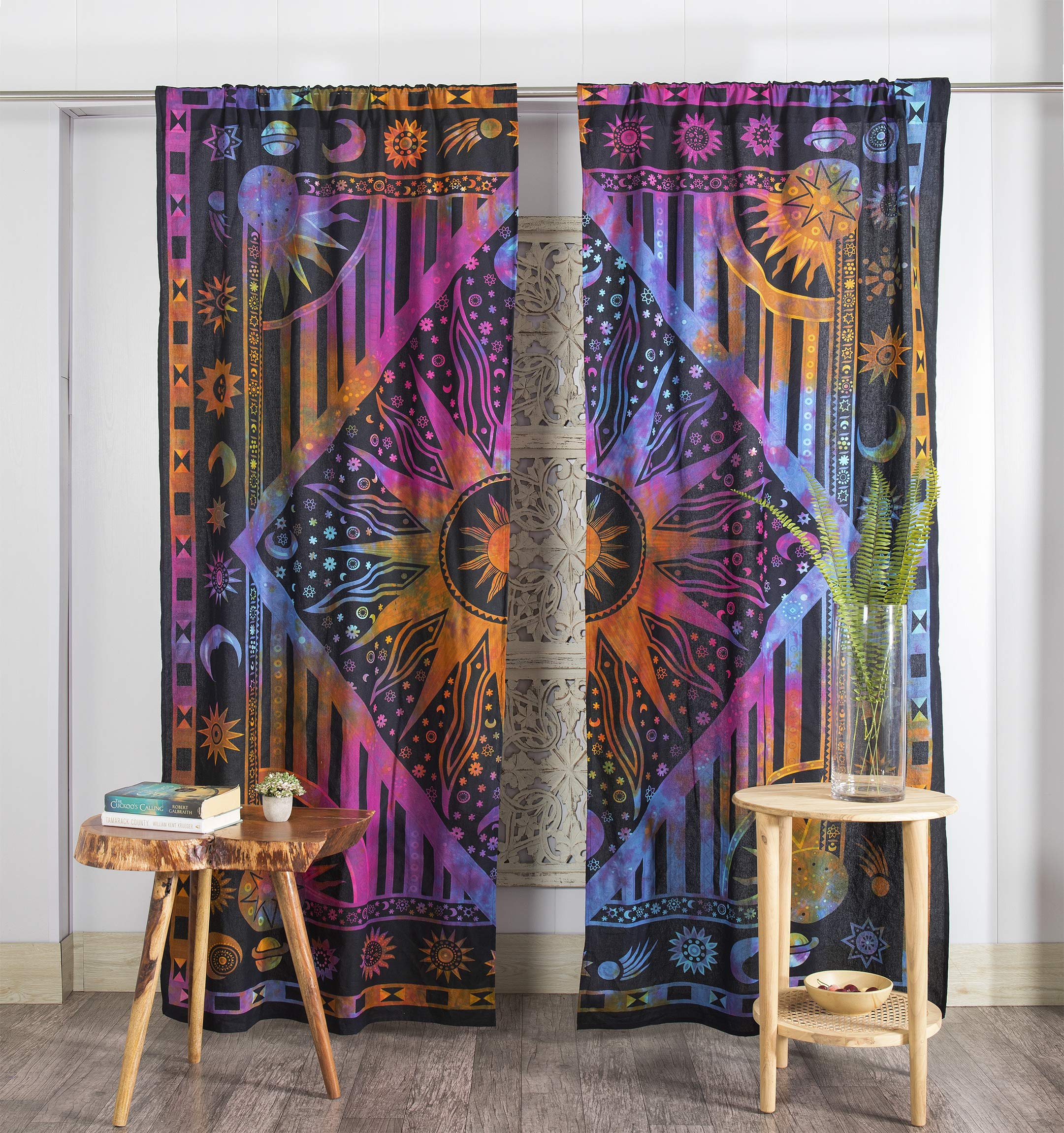 Popular Handicrafts Indian Burning Sun Hippie Mandala Window Curtains - Gypsy Tye Dye Bohemian Sun Moon Beautiful Drapery Bedroom Living Room Balcony Valance Panels Purple
