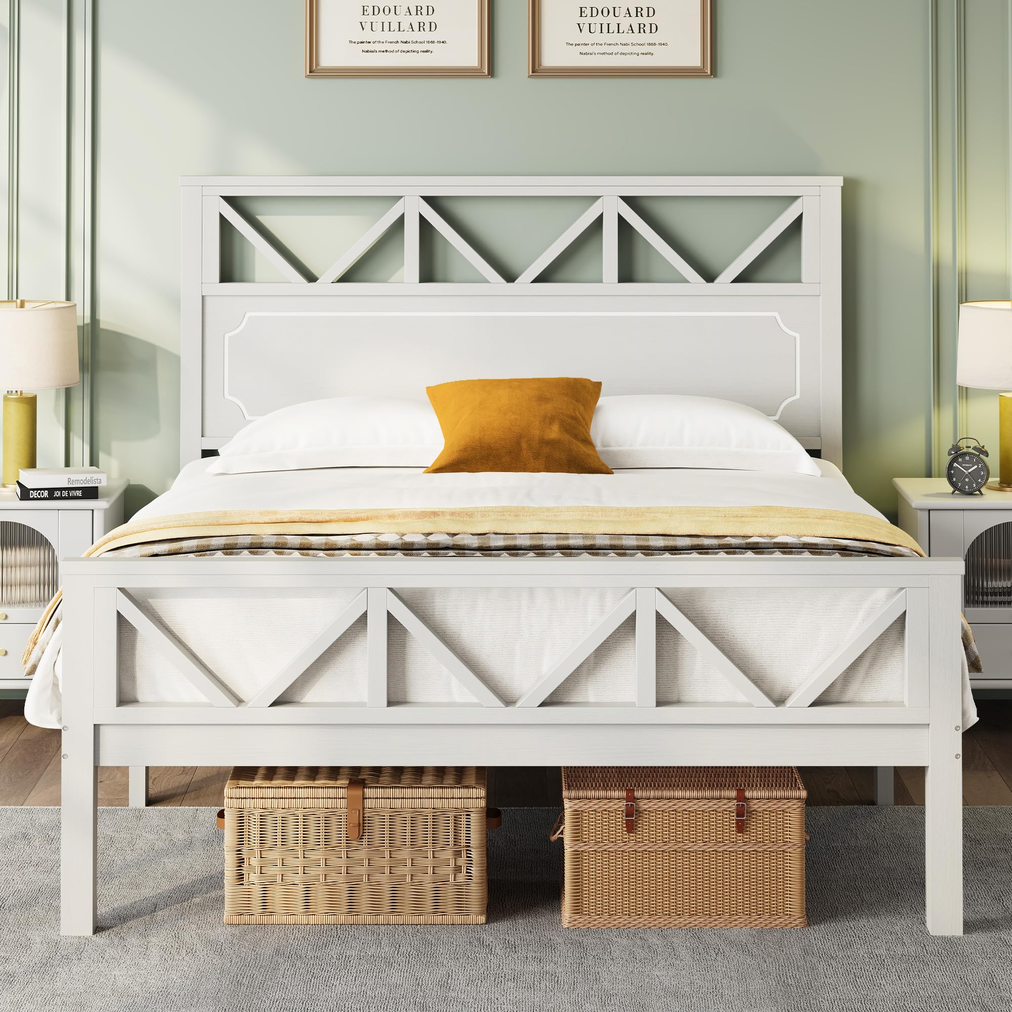 Photo 1 of BedsPick Queen Bed Frame, Solid Wood Platform Bed Frame with Headboard and Footboard, Heavy-Duty Mattress Foundation/Wood Slats/Easy Assembly/No Box Spring Needed/Noise Free, White and Light Pink