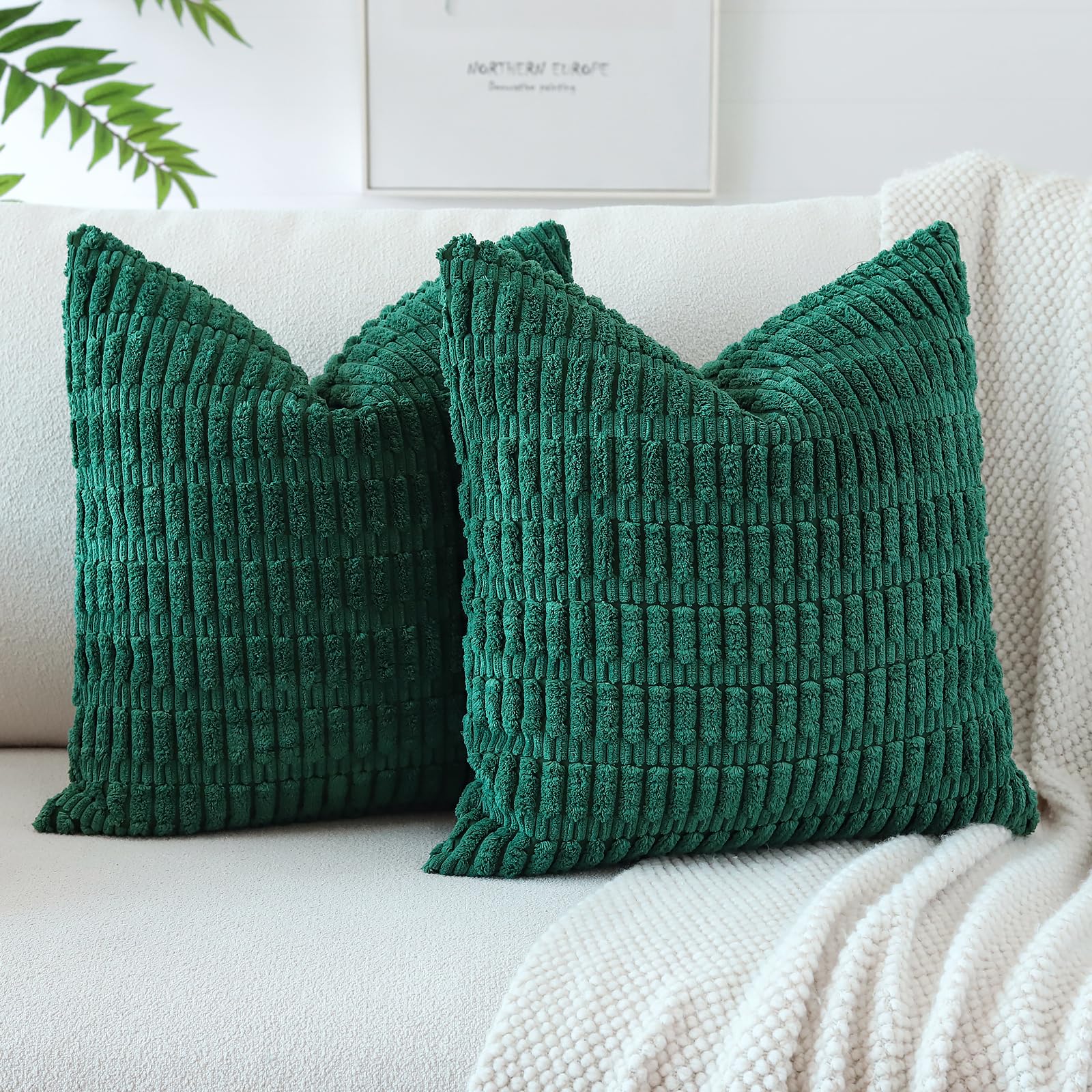 JOTOM Pack of 2 Corduroy Soft Striped Cushion Covers 40x40 cm 16x16 Inch Boho Decorative Throw Pillow Covers Square Cushion Case Home Decor Pillow Cases for Couch Sofa Living Room Bed (Green) โ image 1