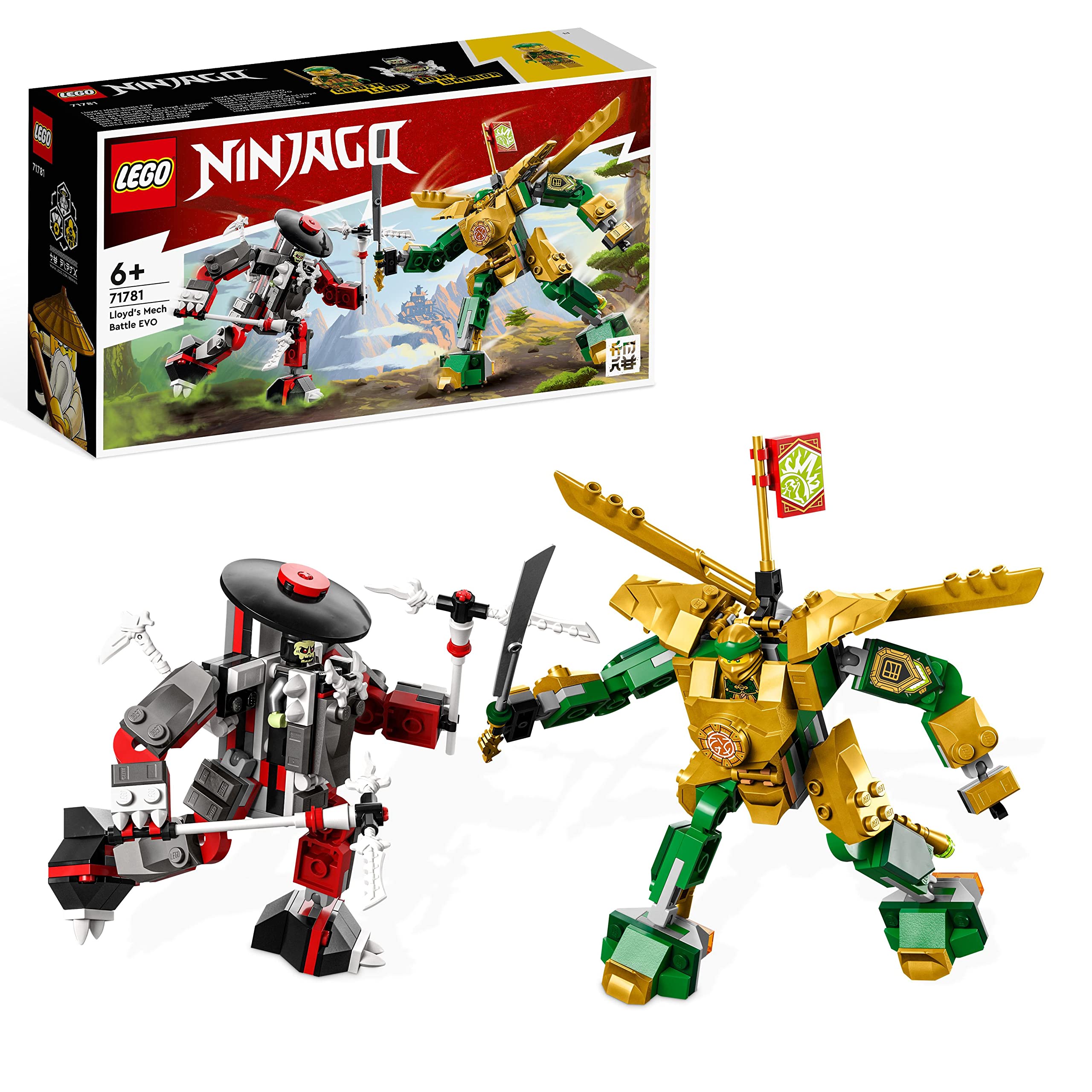 LEGO 71781 NINJAGO Lloyd’s Mech Battle EVO, 2 Action Figures Set with Upgradable Figure, Toy for Kids Aged 6 Plus with Bone Warrior and Golden Lloyd Minifigures