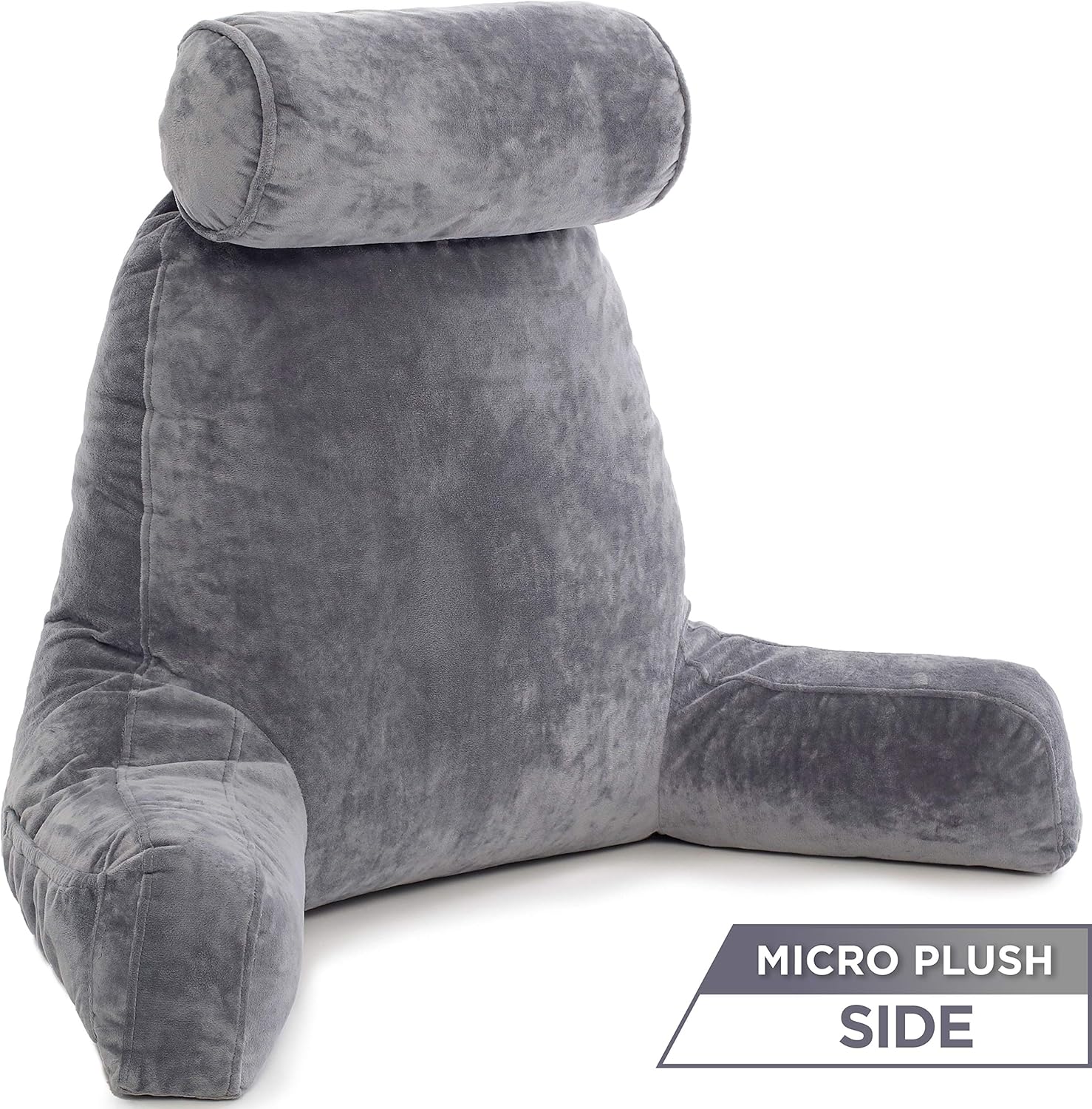 Husband Pillow, Aspen Edition - Reading and Bed Rest Pillow with Arms - Neck Roll on Bungee Cord or Removable - Premium Memory Foam - Reversible Two-Sided Cover Microsuede or Microfiber, Iron Grey: Home & Kitchen