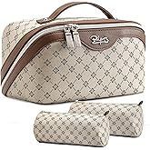 BOYATU Travel Makeup Bag Cosmetic Bags for Women: 3 Pcs Set Large Portable Make up Bag with Handle - Vegan Leather Toiletry Bags with Compartments - Makeup Organizer for Travel Essentials(A-3-Khaki)