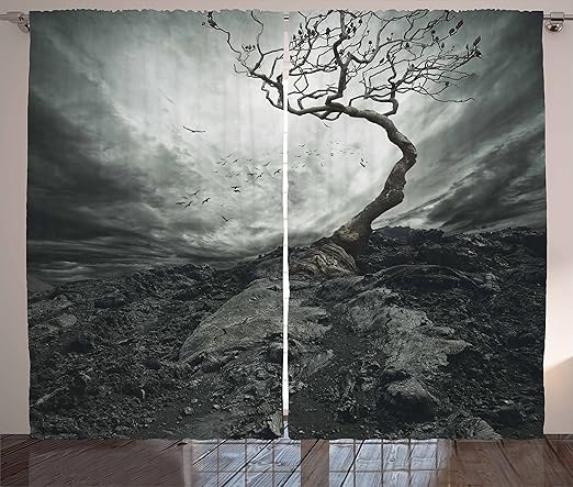 Amazon Com Ambesonne Horror House Curtains Black And White Dramatic Mist Sky Gulls In Air Lonely Tree Enchanted Windy Day Print Living Room Bedroom Window Drapes 2 Panel Set 108 X 90 Grey