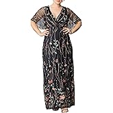 Kiyonna Women's Plus Size Floral Embroidered Elegance Evening Gown | Flattering Long Formal Mesh Dress w/Sleeves