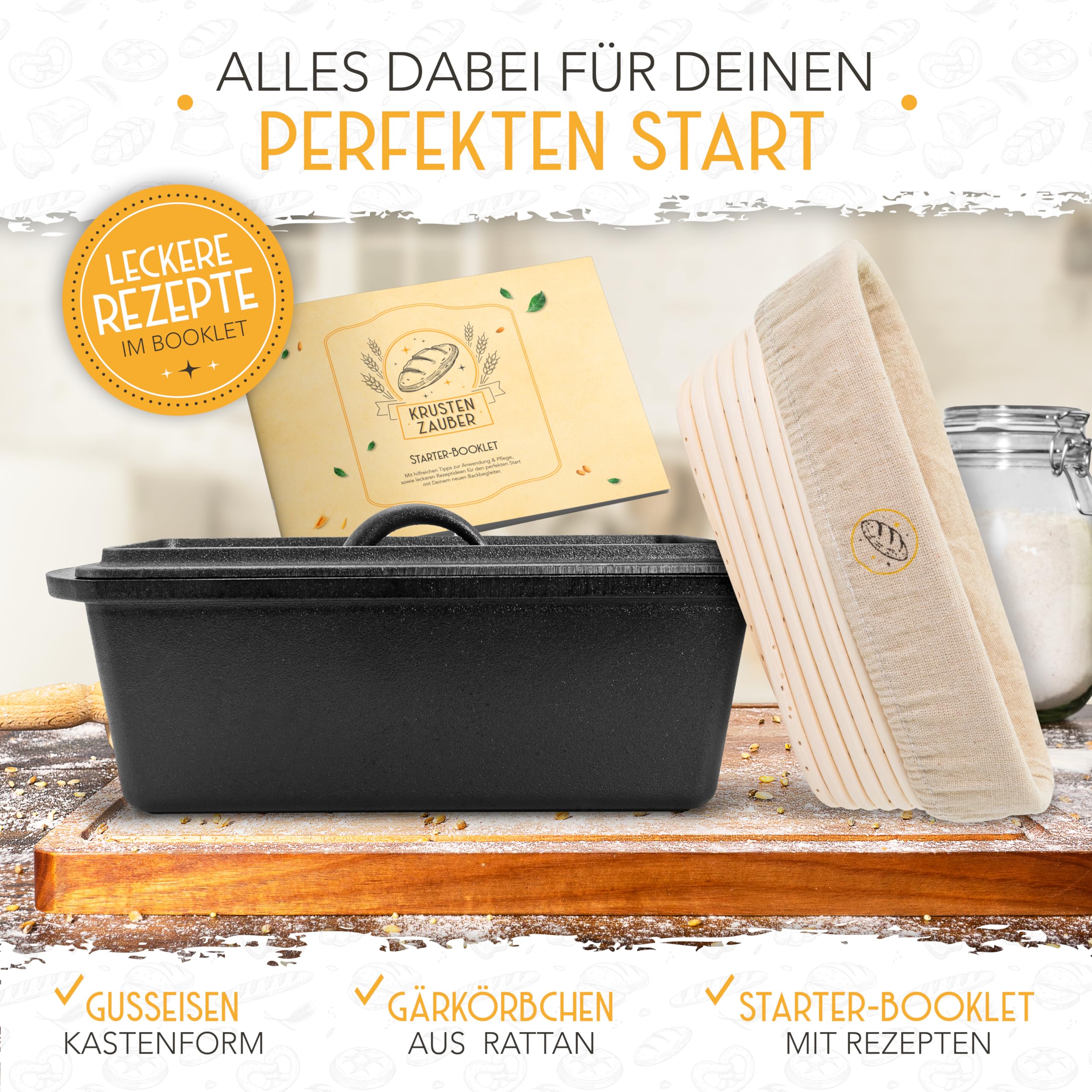 KRUSTENZAUBER Brotbackform mit Deckel inkl. Gärkorb - Robuste 28cm Backform aus Gusseisen - Ideal als Kastenform, Toastbrot Backform, Brotform, Gusseisen Topf Brot backen Zubehör, Brottopf 3