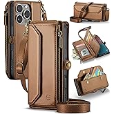 Strapurs Wallet Case Compatible with iPhone 16 Pro 6.3" RFID Blocking 10-Card Holder Soft PU Leather Magnetic Snap Shoulder Strap Zipper Pocket Phone Case Fit for iPhone 16 Pro for Women - Brown