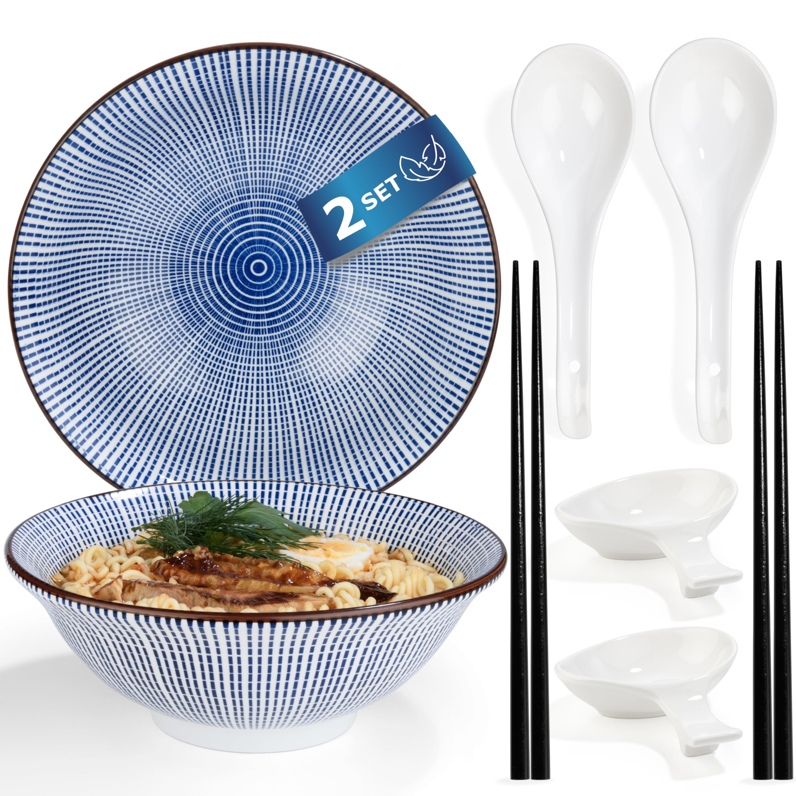 Urban Lifestyle Ramen Bowl Set for 2 TOKUSA Porcelain Asian Dinner Set Ø 20.5 cm 1000 ml, Deep Noodle, Soup & Rice Bowls with Spoons, Sauce Dishes & Chopsticks, Japanese Style