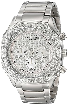Akribos XXIV Mens AK778SS Chronograph Quartz Movement Watch with Silver Dial and Stainless Steel Bracelet