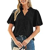 Simplee Womens Summer Tops Trendy Dressy Casual V Neck Puff Sleeve Eyelet Hollow Out Embroidered Lace Blouses Spring Fashion