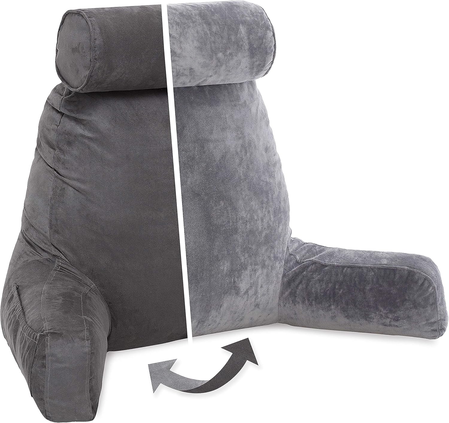 Husband Pillow, Aspen Edition - Reading and Bed Rest Pillow with Arms - Neck Roll on Bungee Cord or Removable - Premium Memory Foam - Reversible Two-Sided Cover Microsuede or Microfiber, Iron Grey: Home & Kitchen