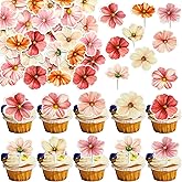 Ephlyn 50Pcs Edible Flower Cupcake Toppers Wafer Paper Spring Bridal Engagement Baby Shower Birthday Party Cupcake Picks Anniversary Party Decorations Supplies Rose Red