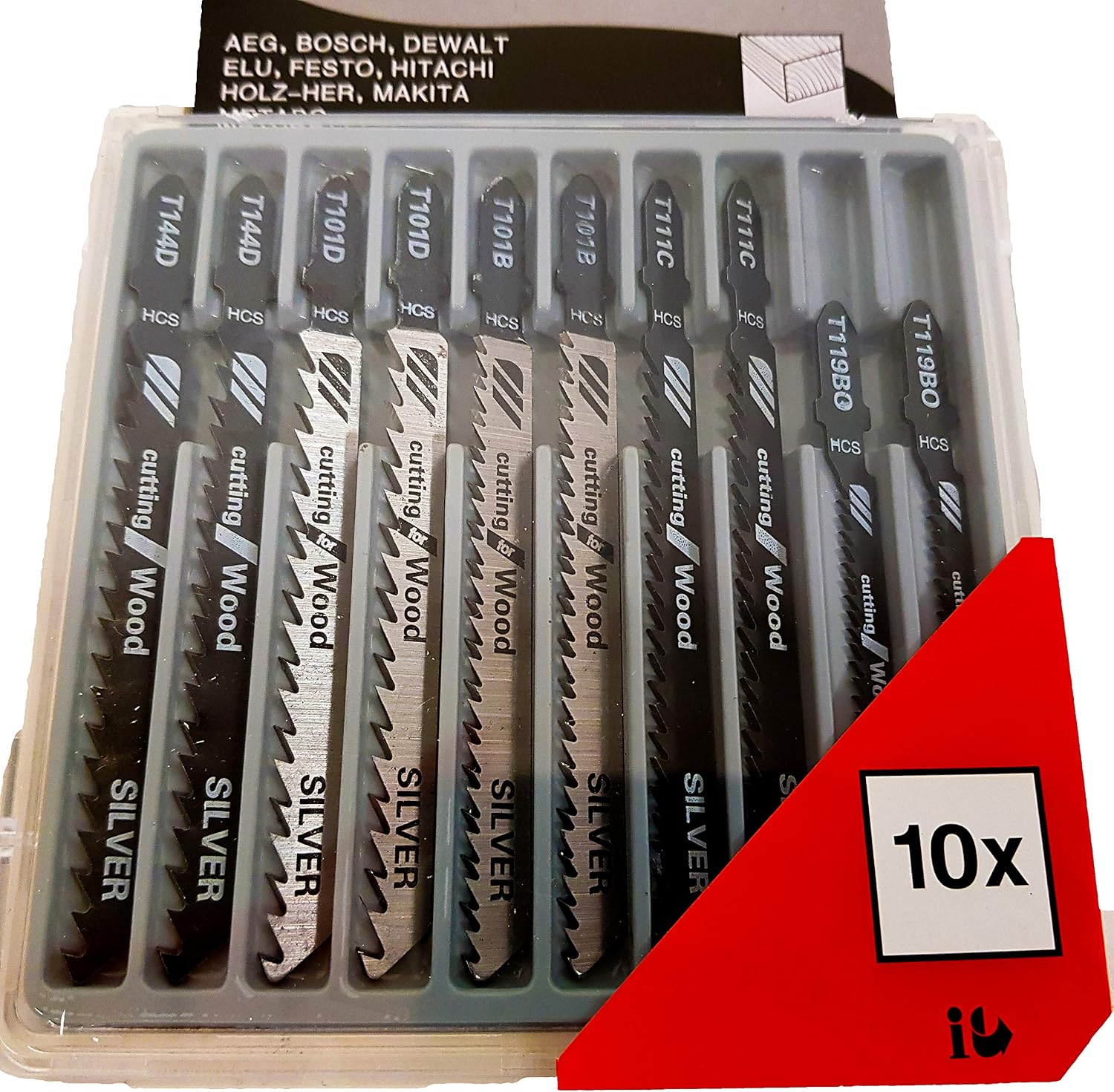 The 10-piece jigsaw blade set for professional processing of softwood plywood, chipboard, carpenter