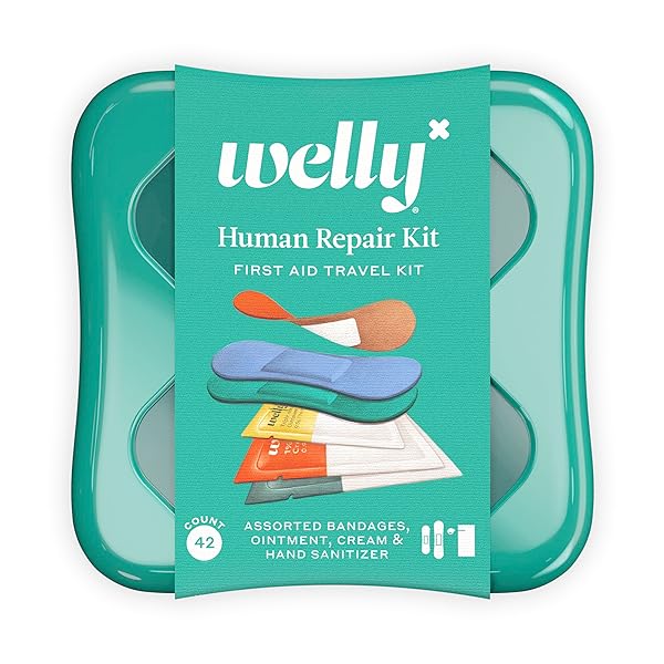 WELLY HUMAN REPAIR KIT – ADHESIVE FLEXIBLE FABRIC BANDAGES, SINGE USE OINTMENTS TRIPLE ANTIBIOTIC, HAND SANITIZER, AND HYDROCORTISONE – 42 COUNT