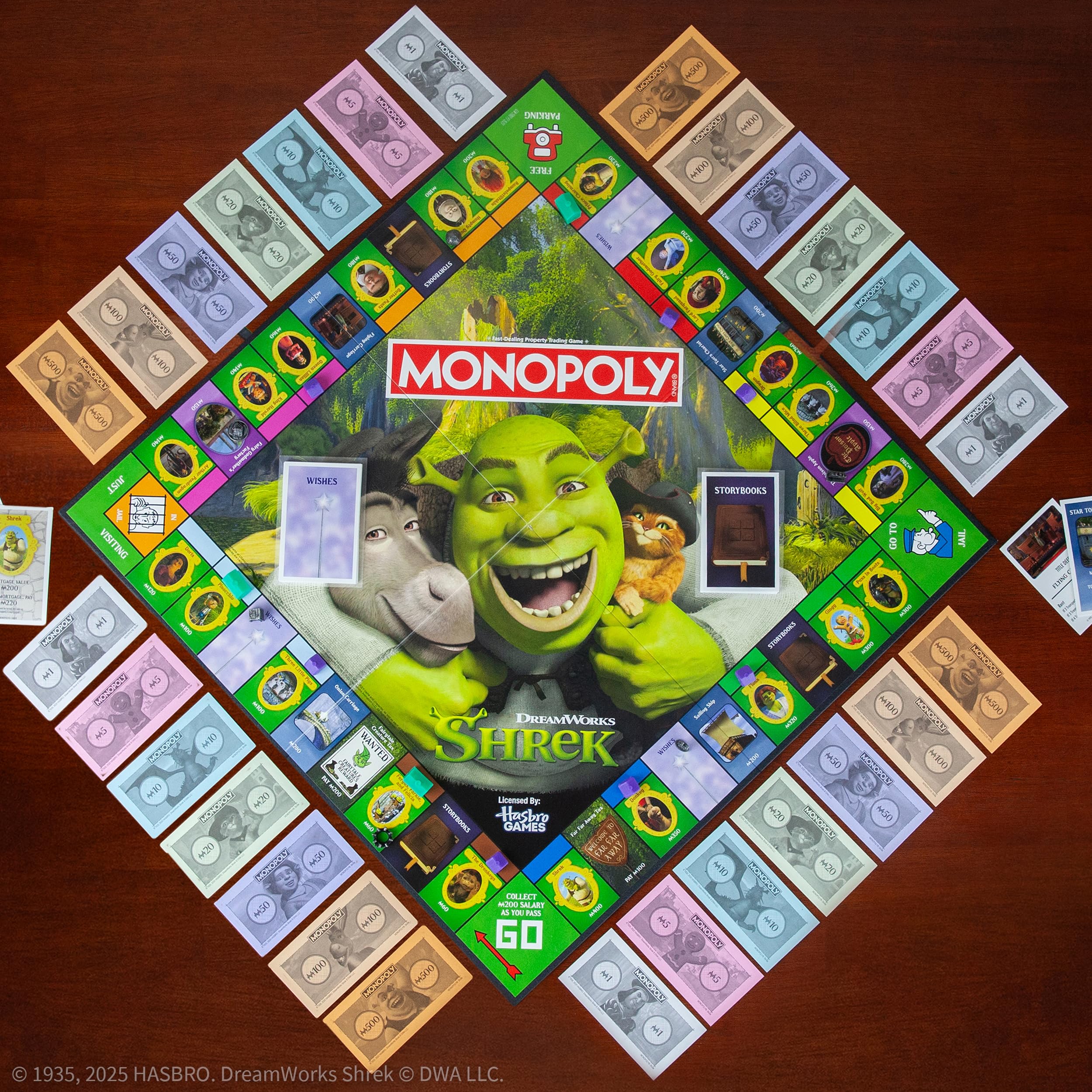 MONOPOLY: Shrek Edition Board Game, Buy, Sell & Trade, Iconic Fairy Tale Characters like Shrek, Donkey, Puss n Boots & More, Classic Family Game for Ages 8+, Officially Licensed DreamWorks Merchandise