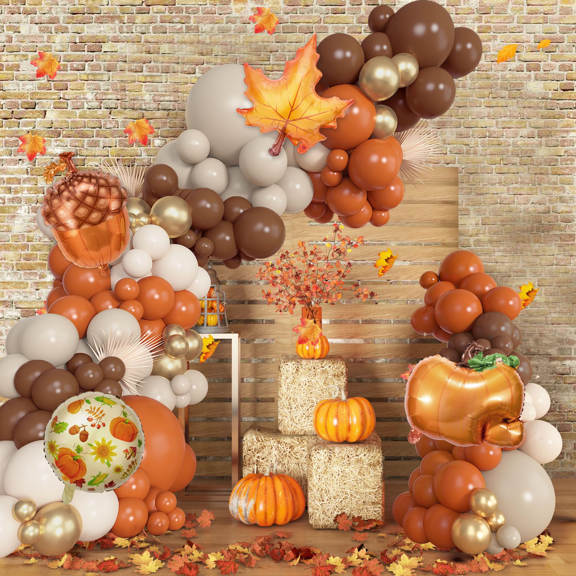 Photo 1 of 194PCS Friendsgiving Balloon Arch Garland Kit, Fall Burnt Orange Brown Sand White Metallic Gold Pinecone Foil Balloons Maple Leaf for Thanksgiving Little Pumpkin Baby Shower Birthday Party Decorations
