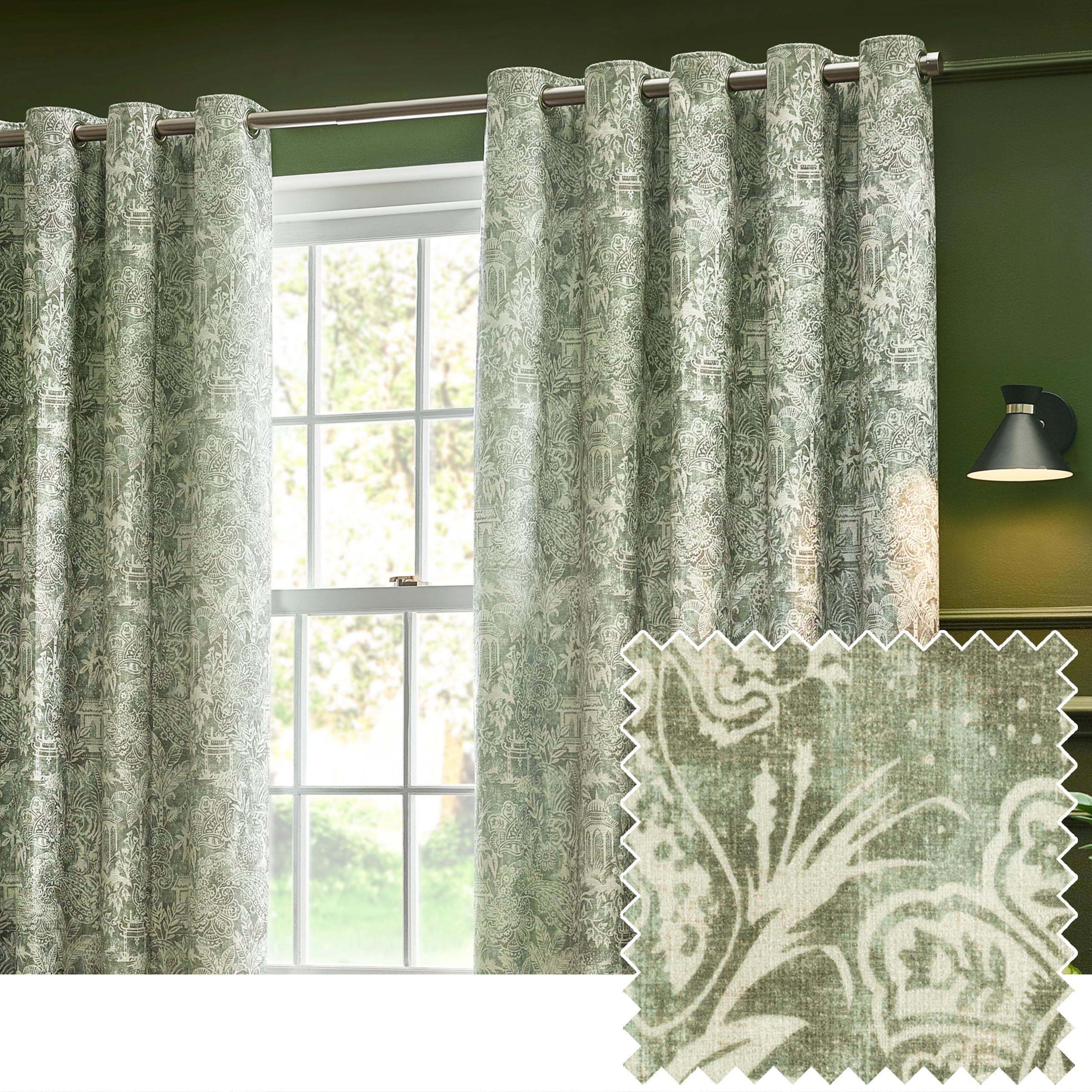 furn. Wylder Tropics Bengal Chenille Eyelet Curtains - 2 Panels - Width x Drop - 168 x 137cm (66 x 54) - Sage