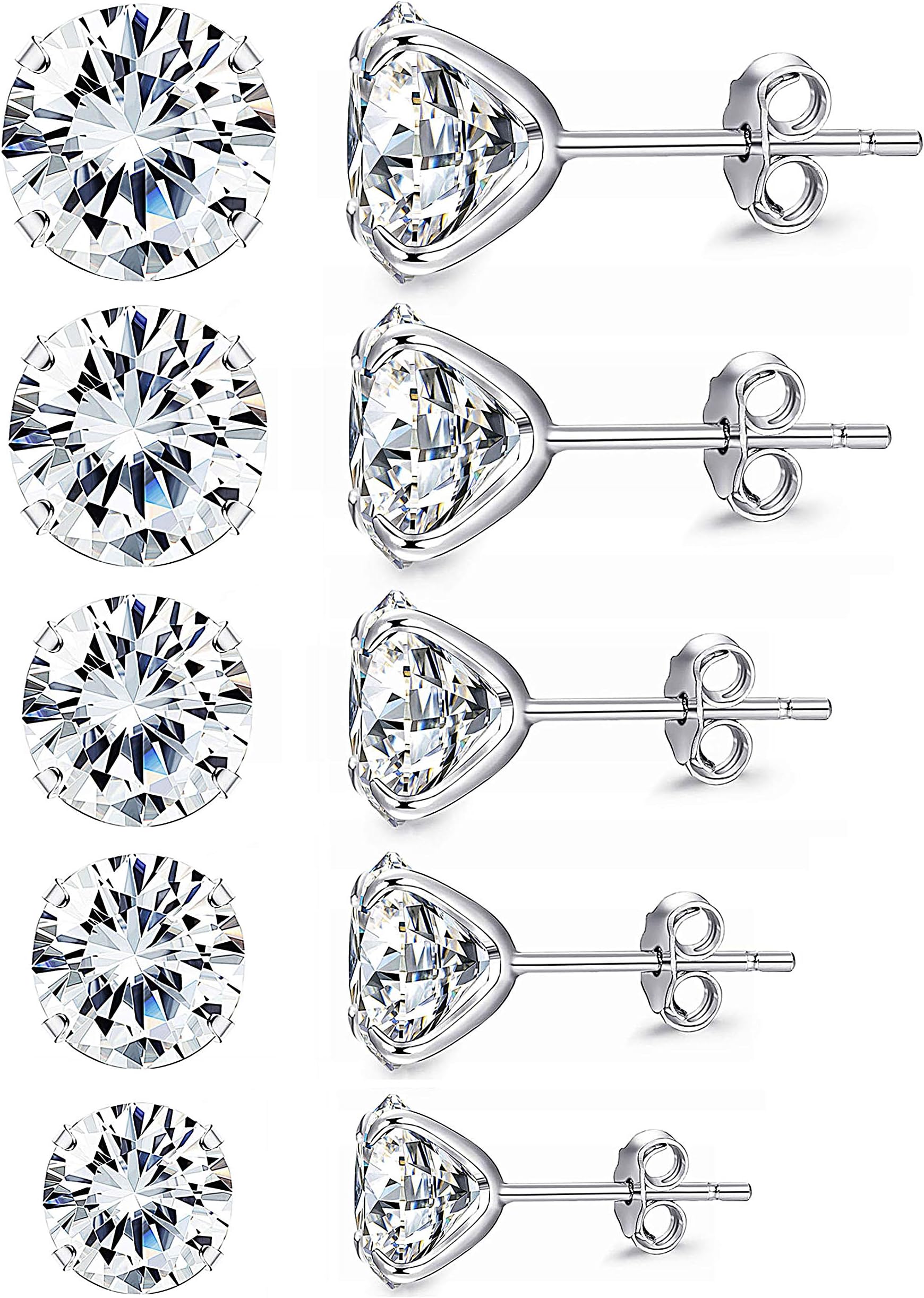 5 Pairs Sterling Silver Cubic Zirconia Stud Earrings for Women Men Round Cut CZ Earrings Set Hypoallergenic