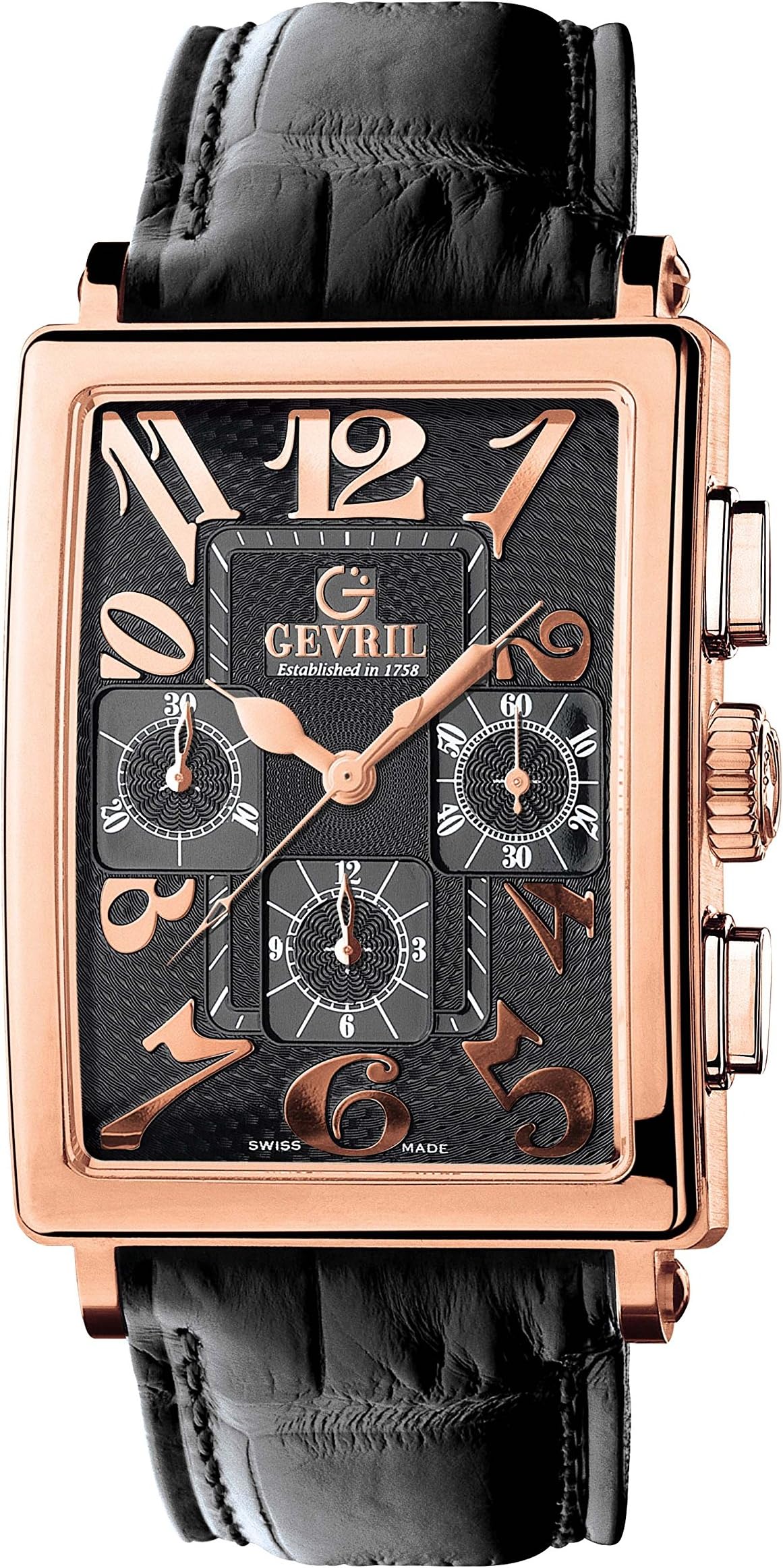 Gevril Men's Avenue of Americas Rose Gold Automatic Self Winder Watch with Leather Calfskin Strap, Black, 23 (Model: 5111)