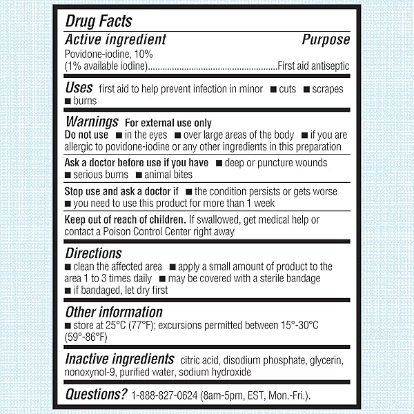 BETADINE ANTISEPTIC FIRST AID SOLUTION, POVIDONE-IODINE 10%, INFECTION PROTECTION, KILLS GERMS IN MINOR CUTS SCRAPES AND BURNS, NO STING PROMISE, NO ALCOHOL OR HYDROGEN PEROXIDE, 8 FL OZ