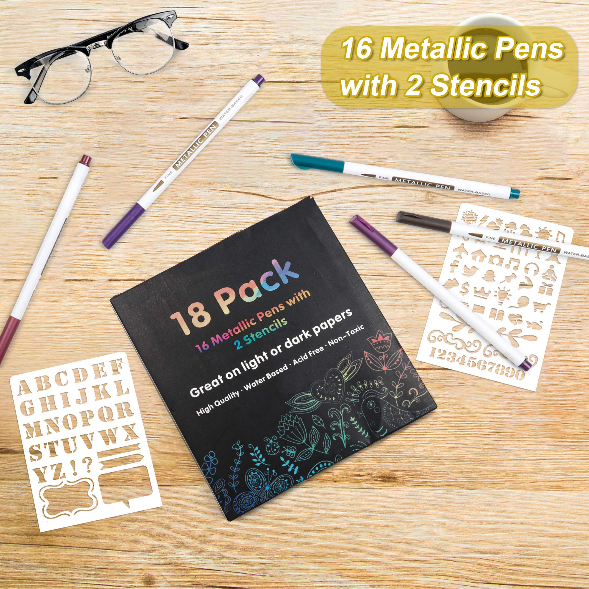 18 Pack Metallic Marker Pens, Lineon 16 Colors Fine Tip Paint Pens with 2 Stencils for DIY Craft Photo Album Rock Art Painting Card Making Glass Wood