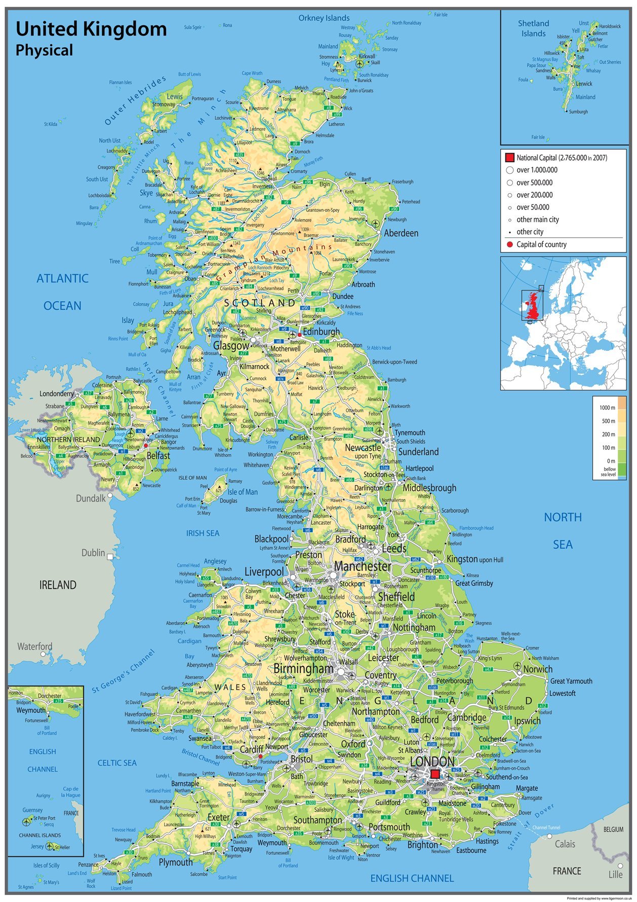 Physical Map of the UK - Size A2-42 x 59.4 cm - Paper Laminated
