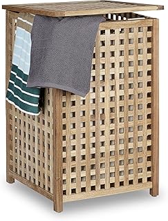 Relaxdays Wäschesammler Walnuss Wäschetruhe mit Deckel HBT 67,5 x 45,7 x 45,7 cm Wäschesortierer Wäschekiste Wäschebox Holz mit Leinensack Wäschekorb mit Wäschesack fassungsvermögen 75 L, natur