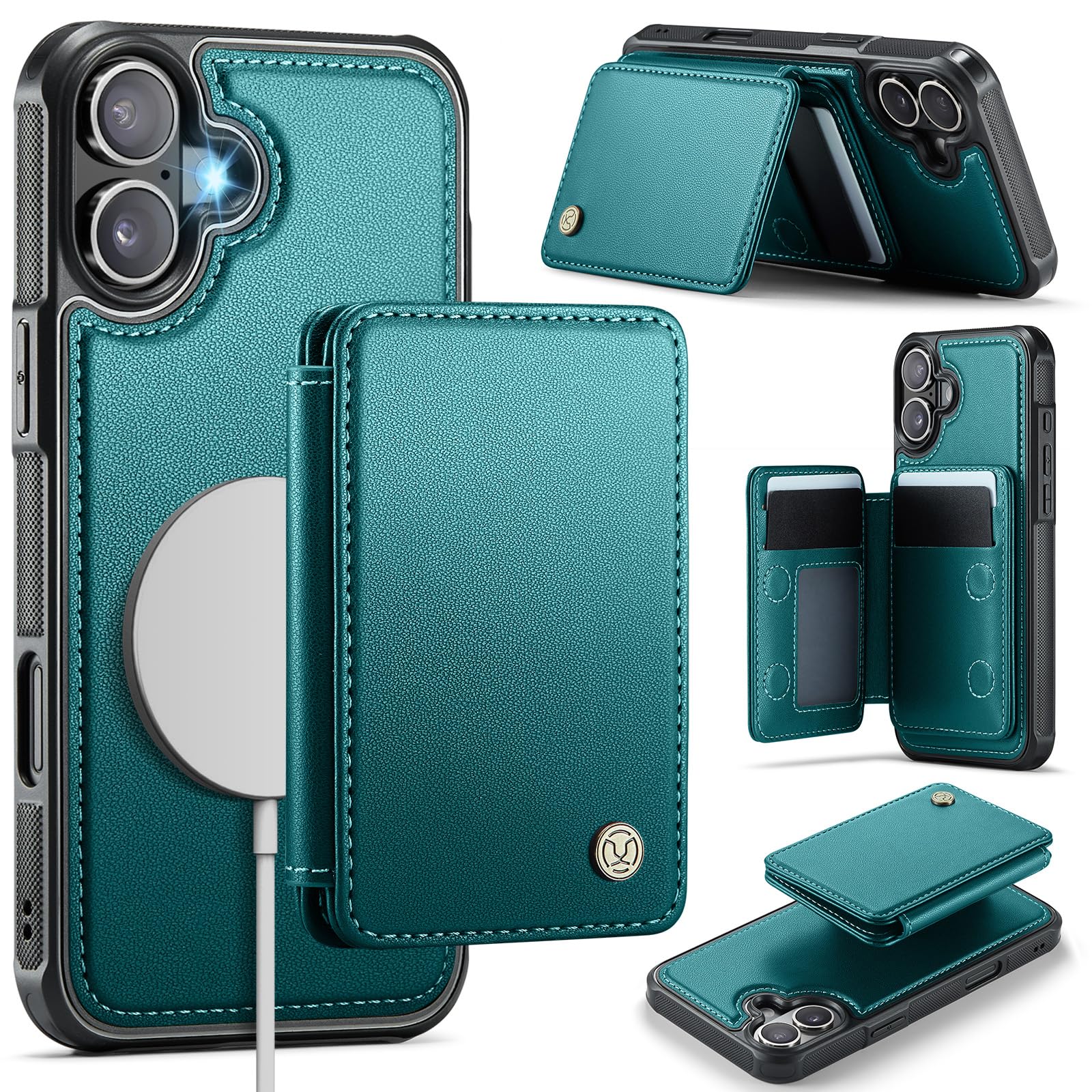 Photo 1 of Usroom Compatible with Magsafe for iPhone 16 Wallet Case Magnetic Card Holder, RFID Blocking 2 in 1 Detachable Kickstand Shockproof Case for Women Men, Bluish Green