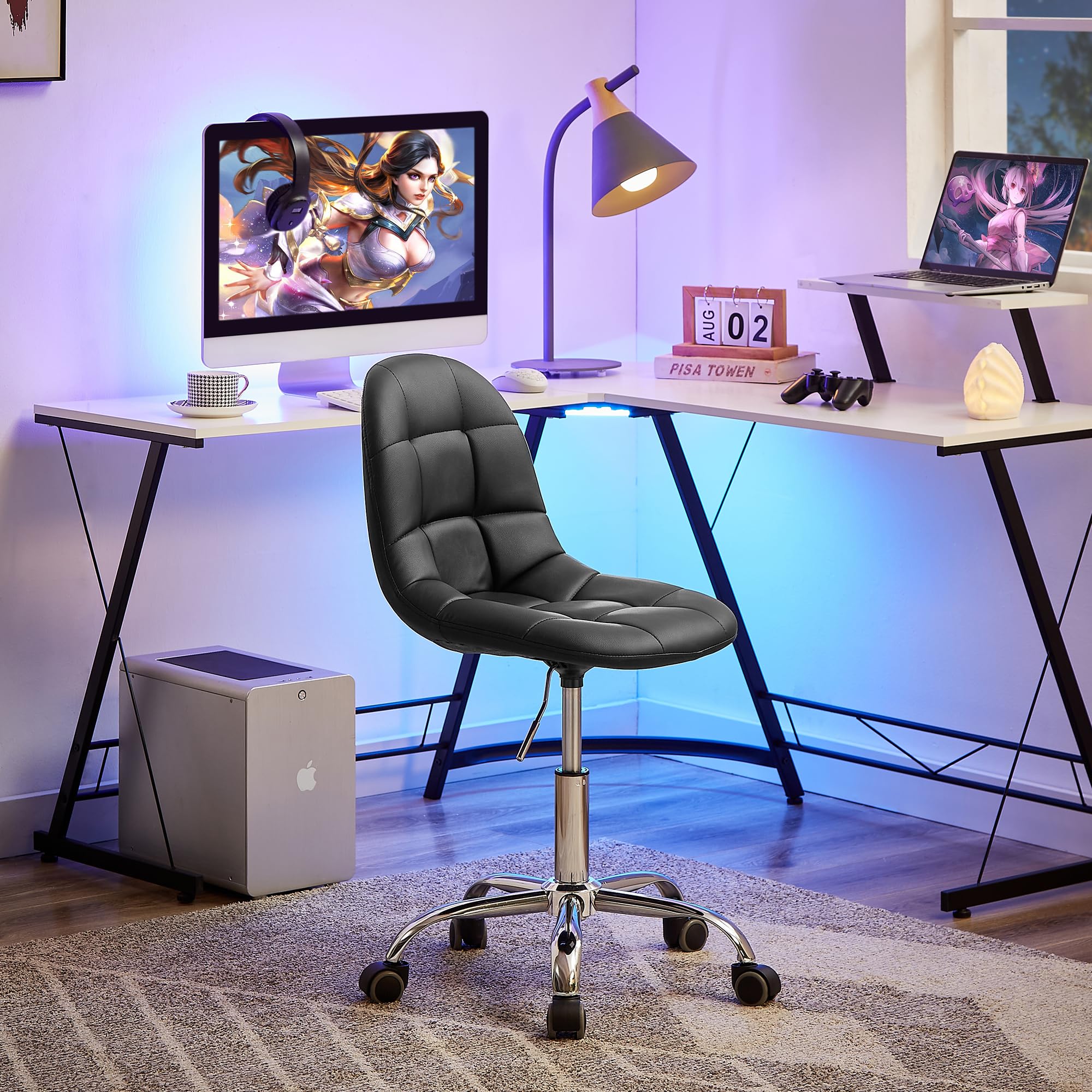 Photo 1 of ***SIMILAR***
***DAMAGE: MINOR***
***MISSING PART****
FUNCIONAL: UNTESTED***
 Soft Desk Chair, Stylish Casual Vanity Seat, Armless with Comfy Lumbar Support, PU Leather Hight Adjustable, 360° Rolling Swivel for Study, Work, Makeup, Weight up to 330 Lbs, B