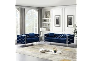 ERYE 2 Pieces Living Room Furniture Sofa Sets include Loveseat and 3 Seaters Couch ,Velvet Upholstered Sofa & Couch with Jeweled Button Tufted Copper Nails Decor and 4 Pillows for Home Office Apartment